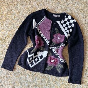 Floral Checkered Cardigan Sweater